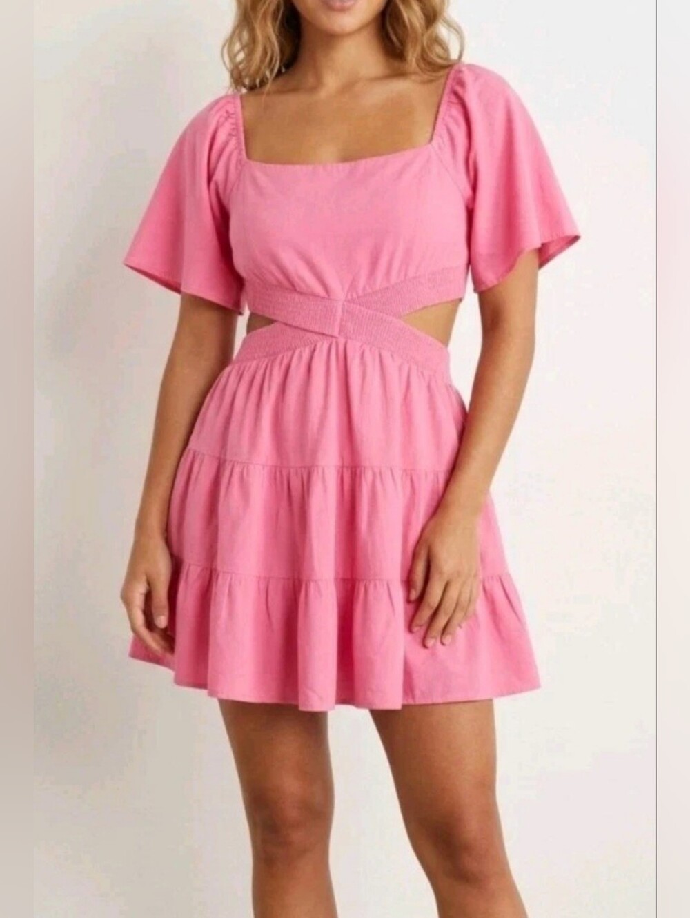 Shy Velvet Pink Square-Neck Cutout Tiered Mini Dress -Small